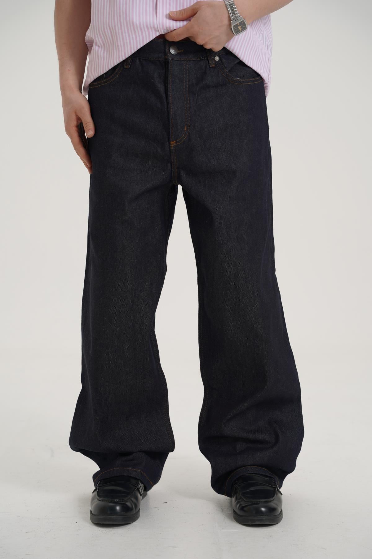 Kontrast Dikiş Wide Leg Baggy Raw Denim
