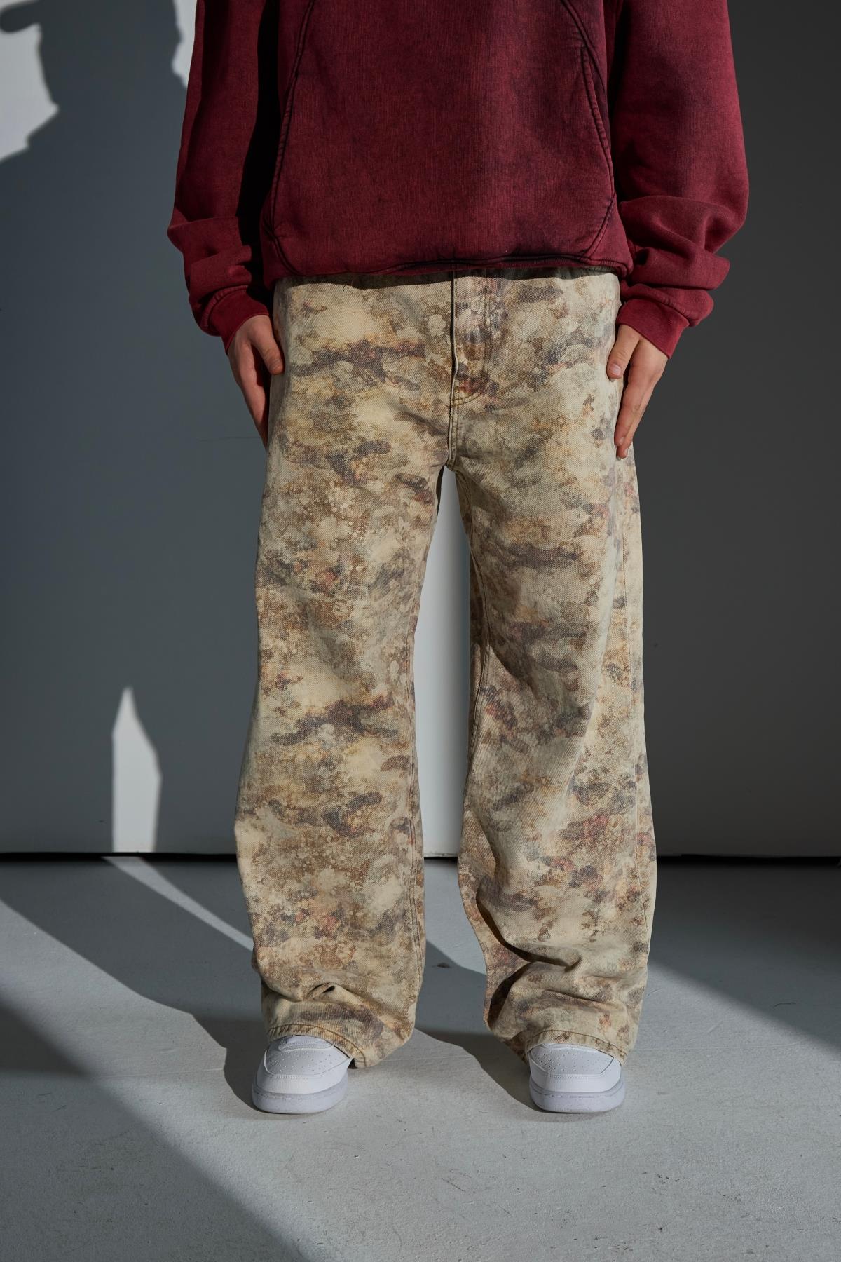 Camo Desenli Krem Baggy Jean Pantolon