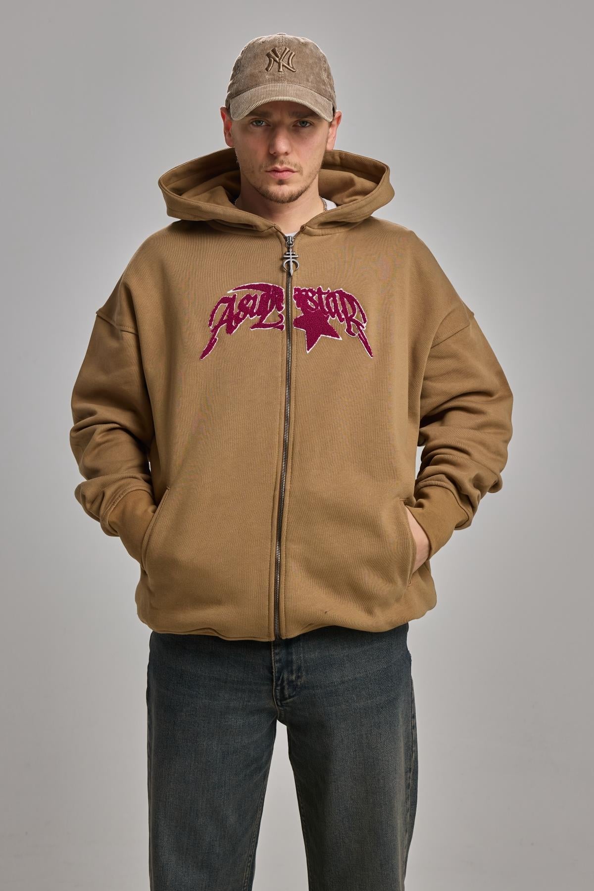 Nakışlı Kahverengi Oversize Zipper Hoodie