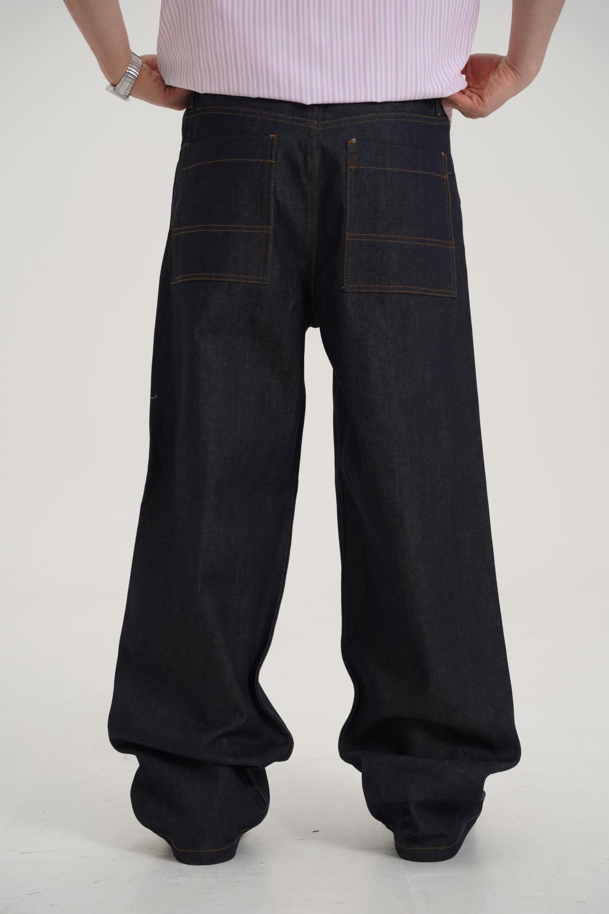 Kontrast Dikiş Wide Leg Baggy Raw Denim