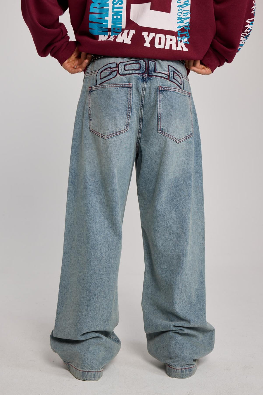 Kontrast Dikiş Mavi Baggy Jean Pantolon