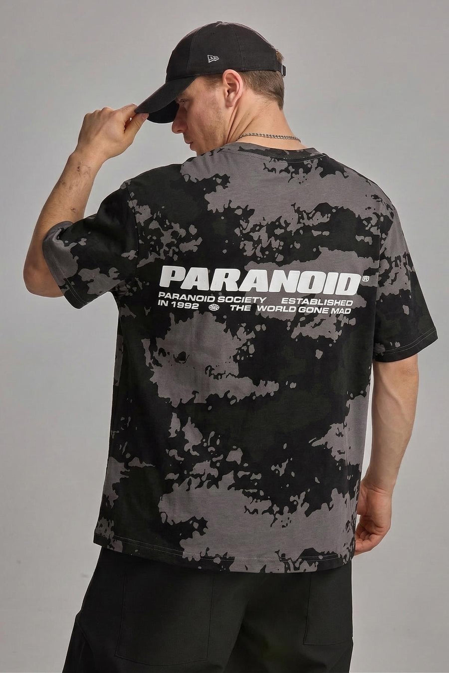Paranoid Baskılı Batik Desenli Siyah Oversize Tshirt
