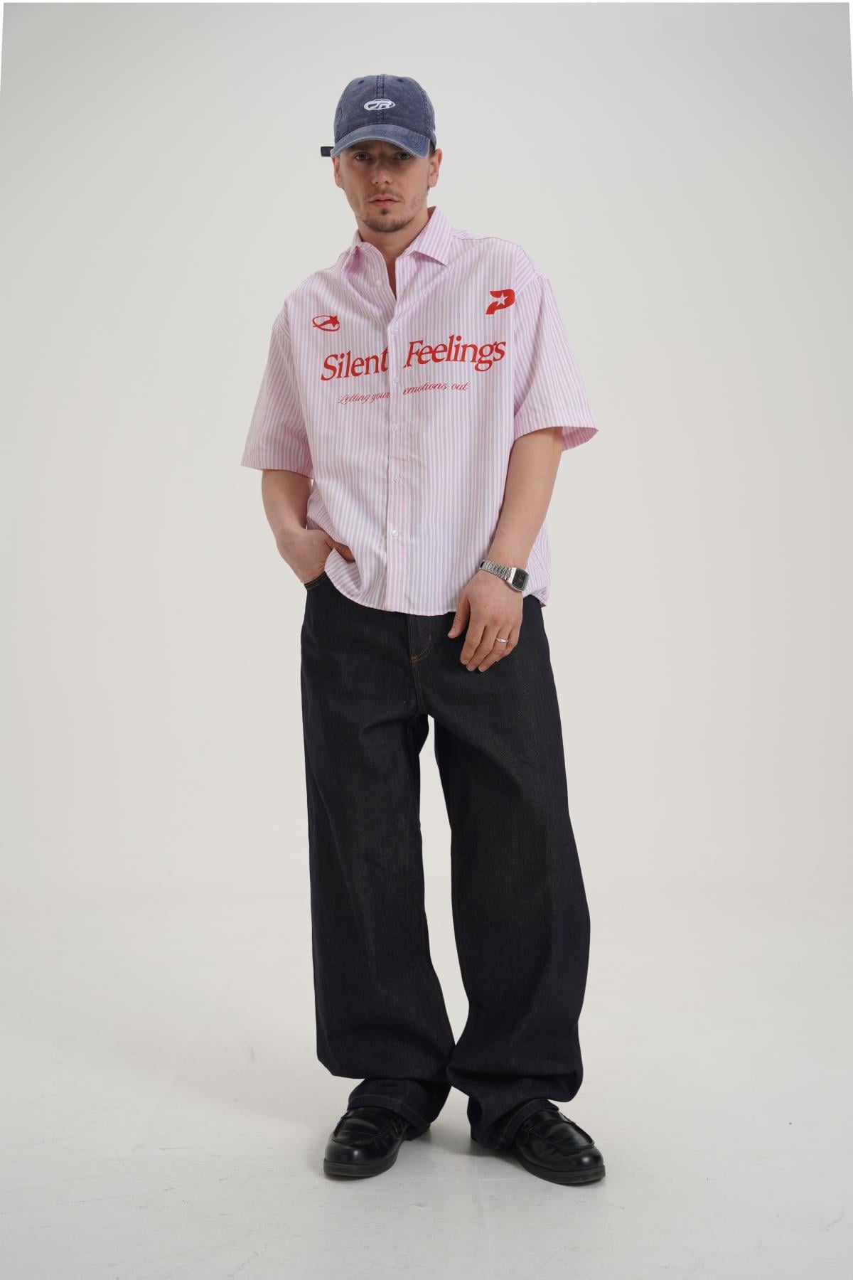 Kontrast Dikiş Wide Leg Baggy Raw Denim