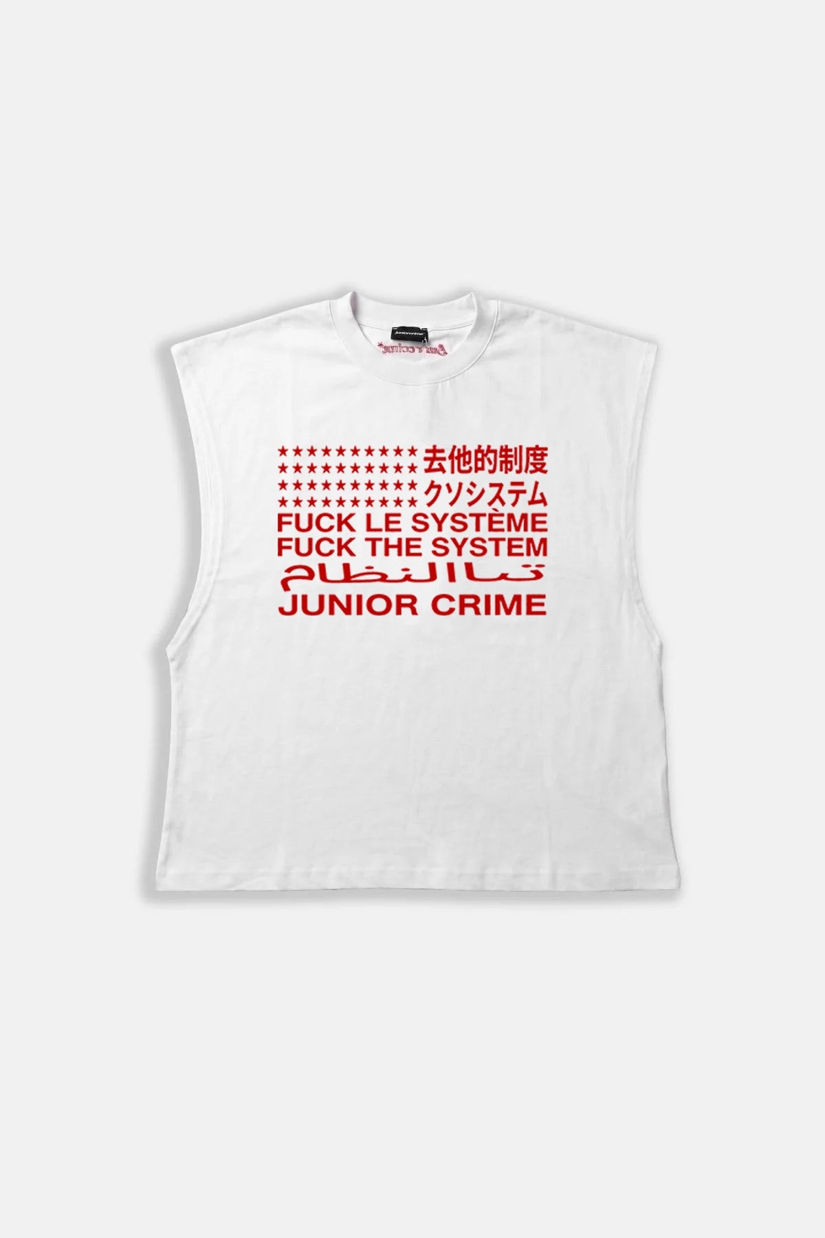 JR Red System Baskılı Boxy Fit Kolsuz Beyaz Tshirt