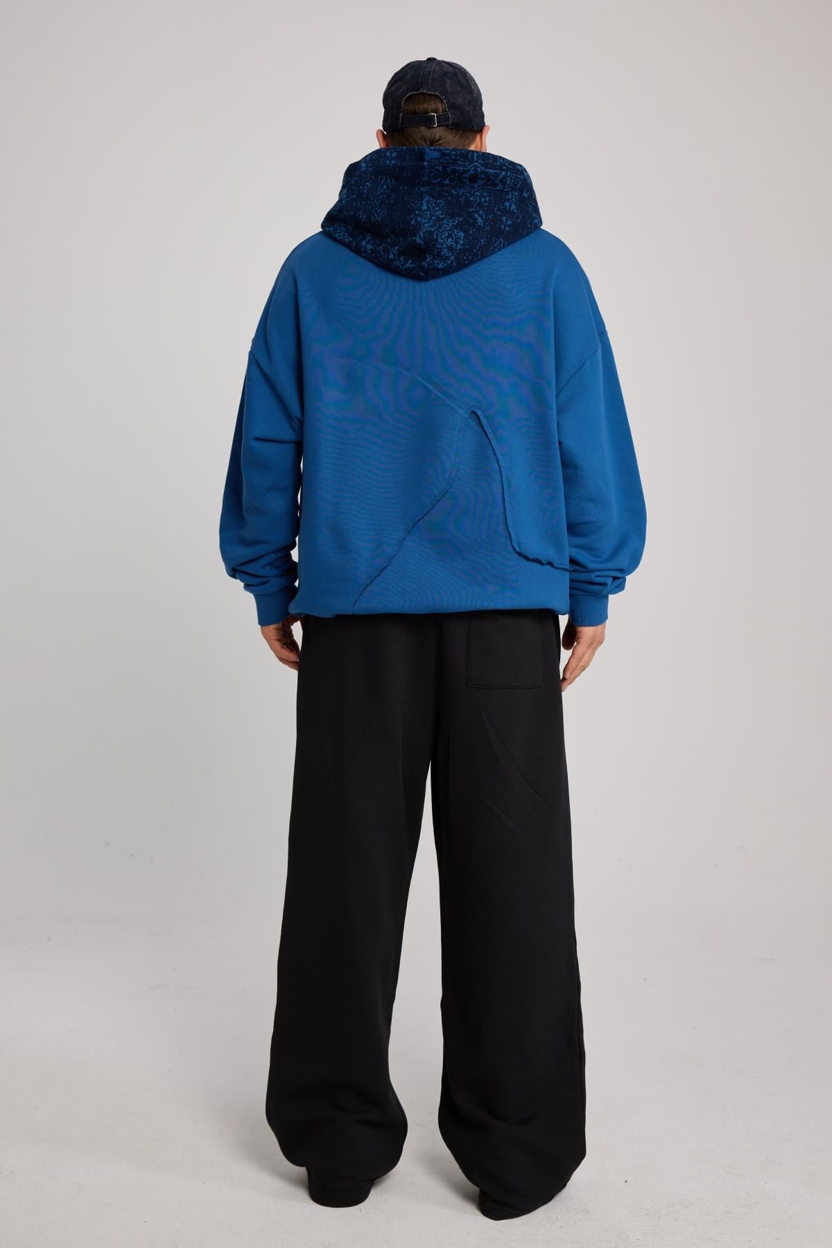 Etnik Desen Detaylı Oversize Mavi Hoodie SR01