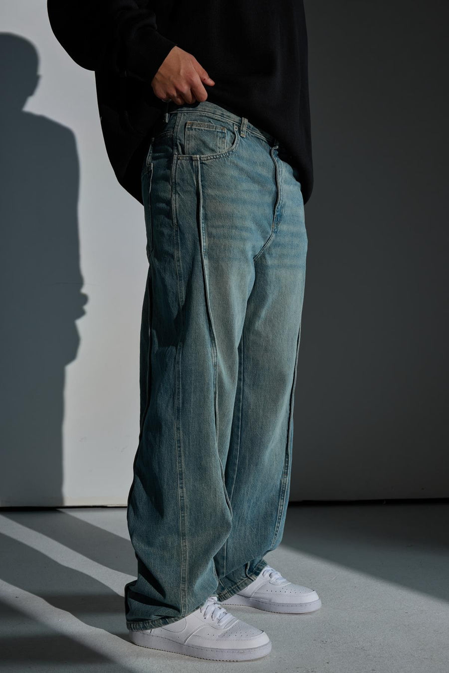 Şerit Detay Yıkama Efektli Baggy Jean Pantolon
