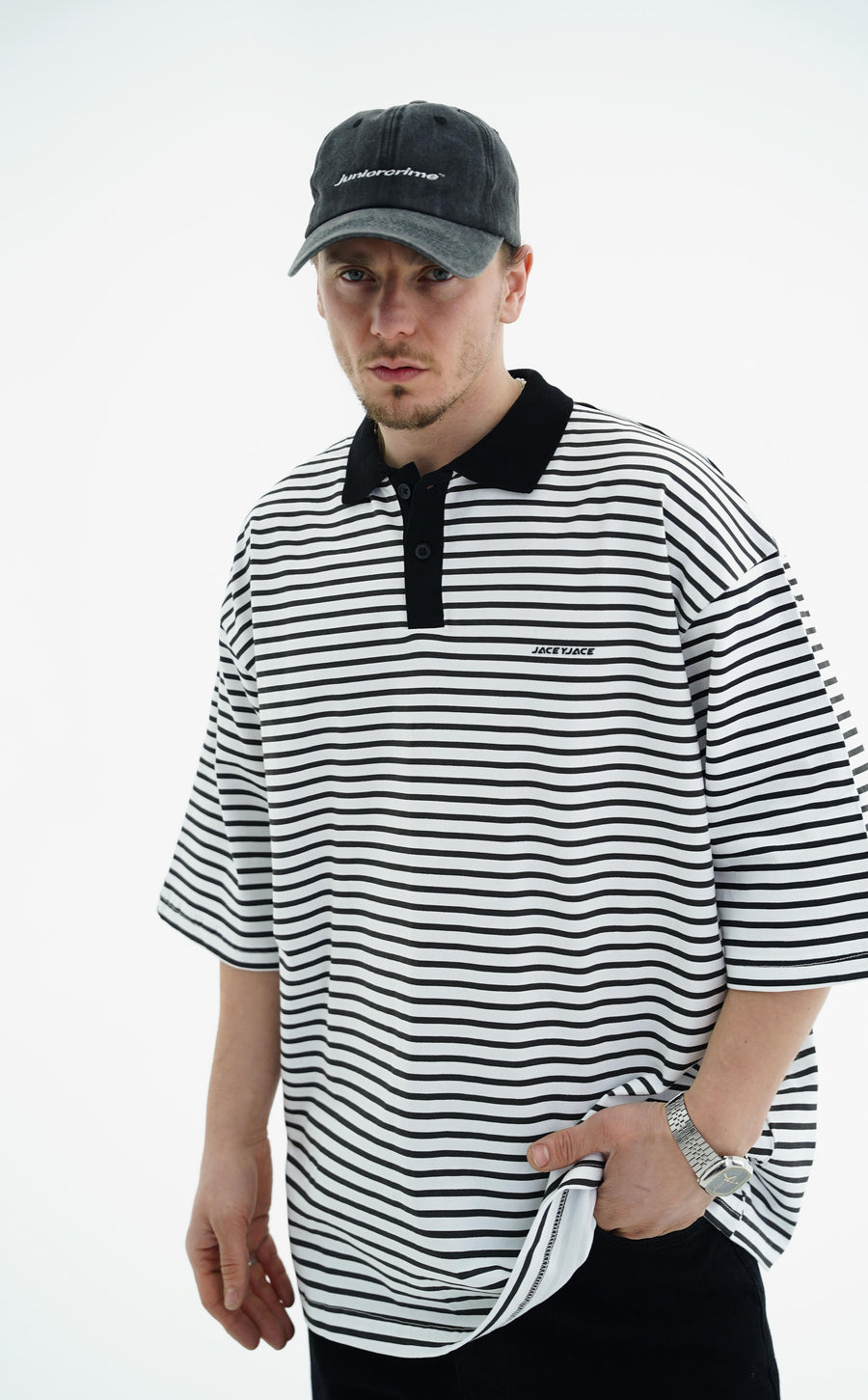 Polo Yaka Çizgili Beyaz Oversize Tshirt JC01 25Y108