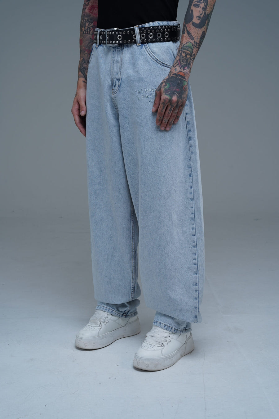 Nakış Detay Mavi Baggy Jean Pantolon CT01 6458-5