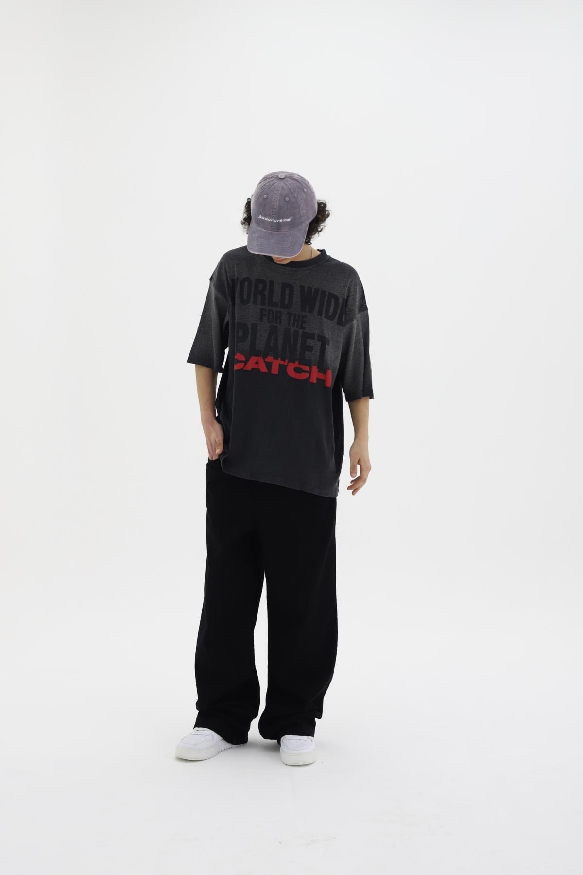 Worlwide Baskılı Siyah Oversize Tshirt CT01 25CY081