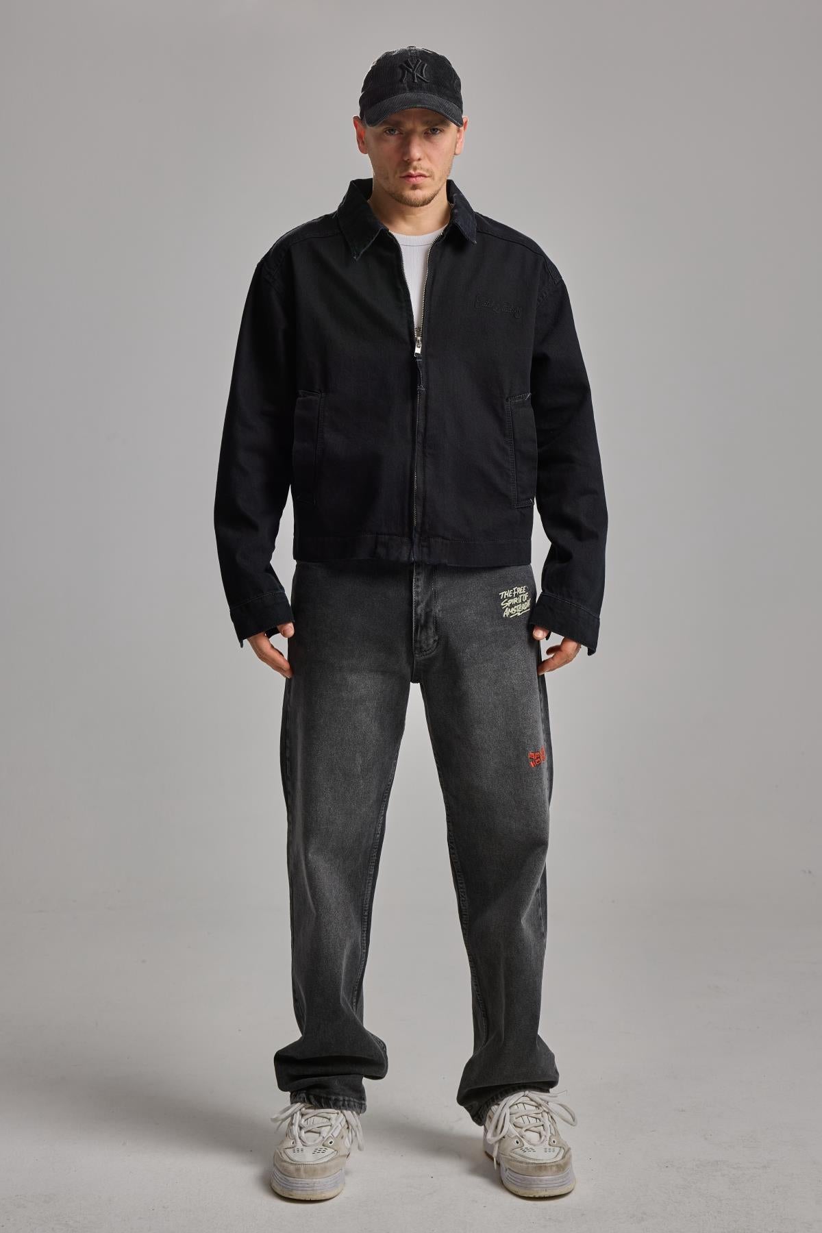 Siyah Nakışlı Oversize Jean Ceket 4615