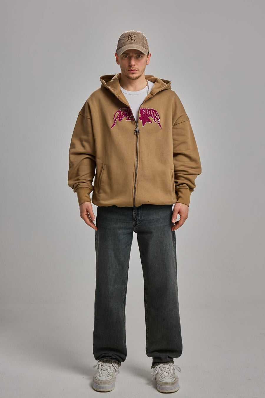 Nakışlı Kahverengi Oversize Zipper Hoodie
