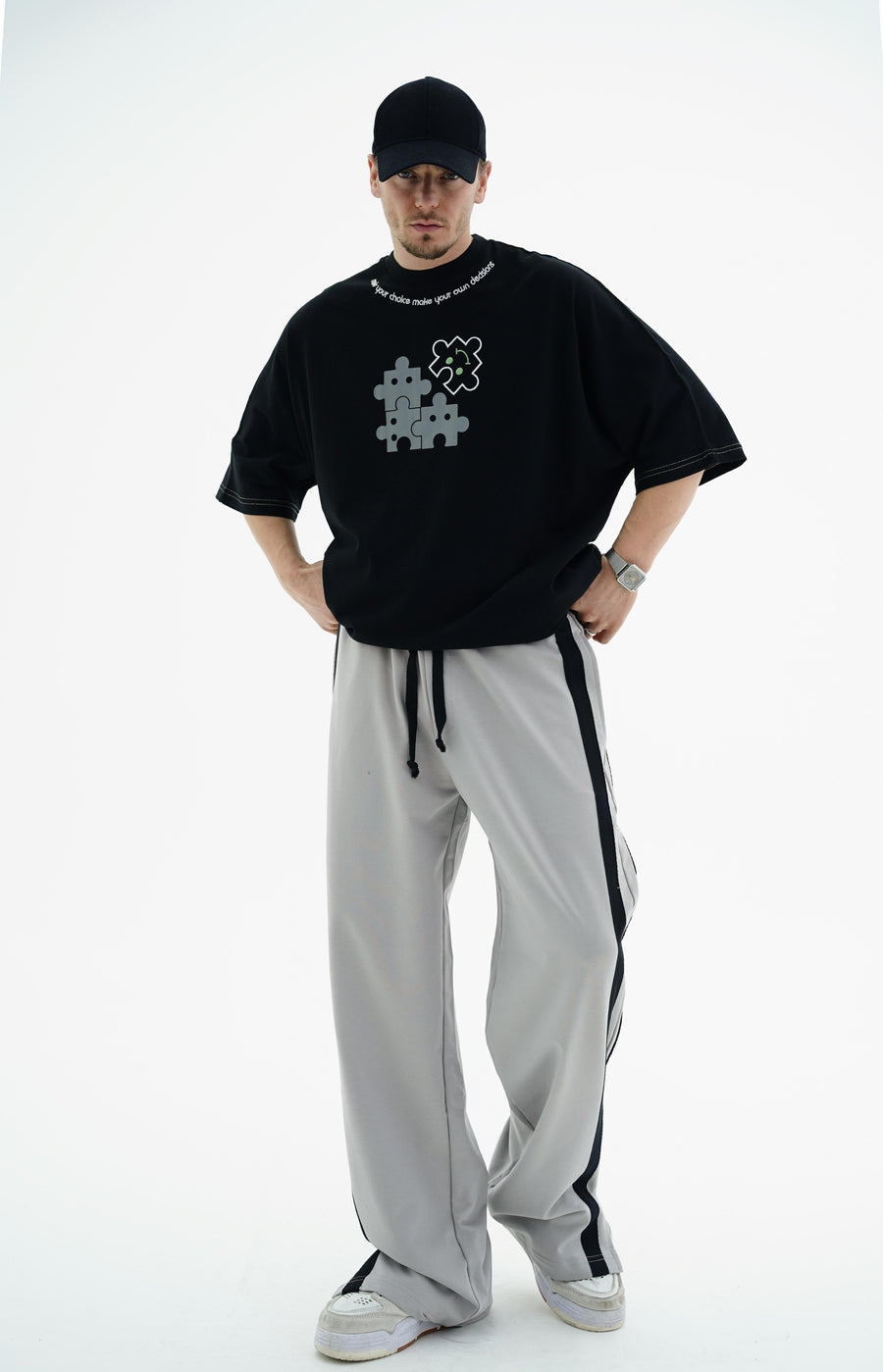 Puzzle Baskılı Siyah Oversize Tshirt JC01 24Y262