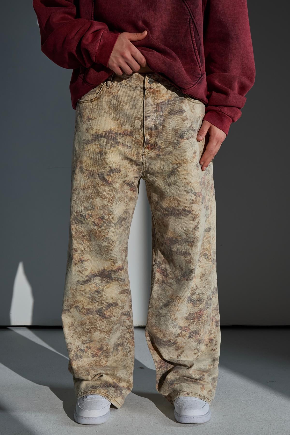 Camo Desenli Krem Baggy Jean Pantolon