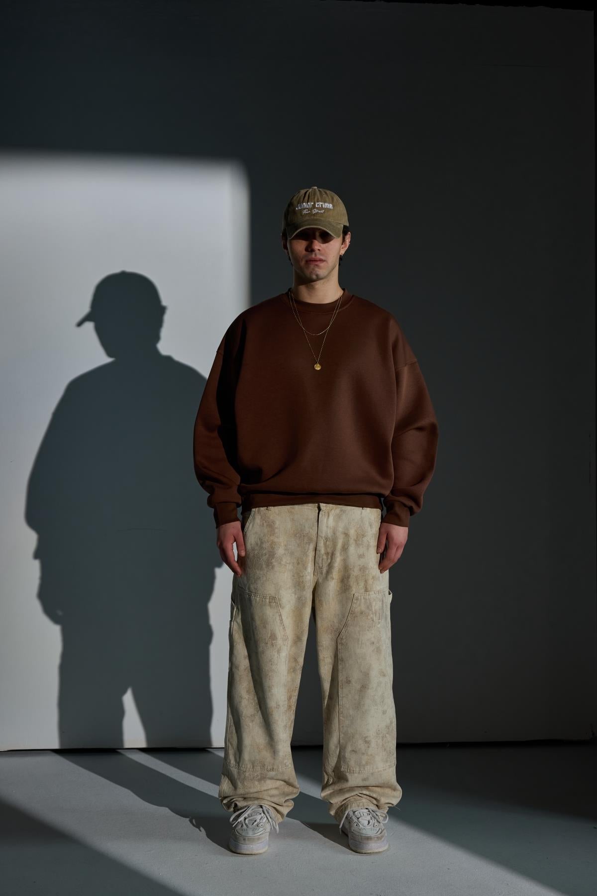 Blok Detay Desenli Krem Baggy Jean Pantolon