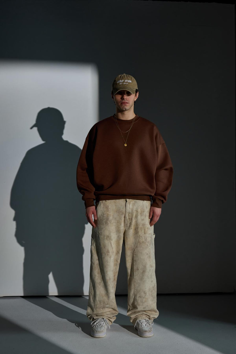 Blok Detay Desenli Krem Baggy Jean Pantolon
