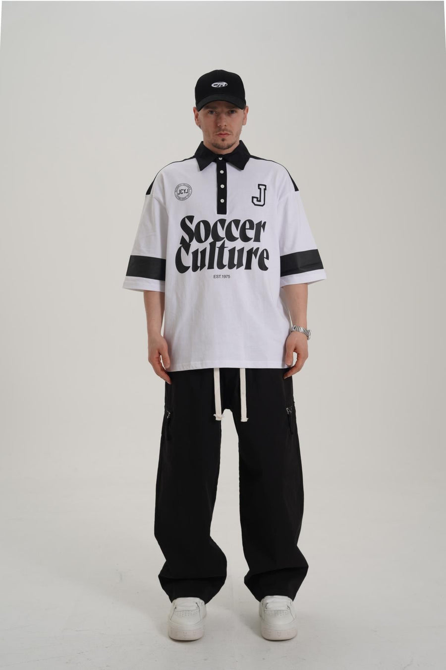 Soccer Baskılı Beyaz Polo Yaka Oversize Tshirt