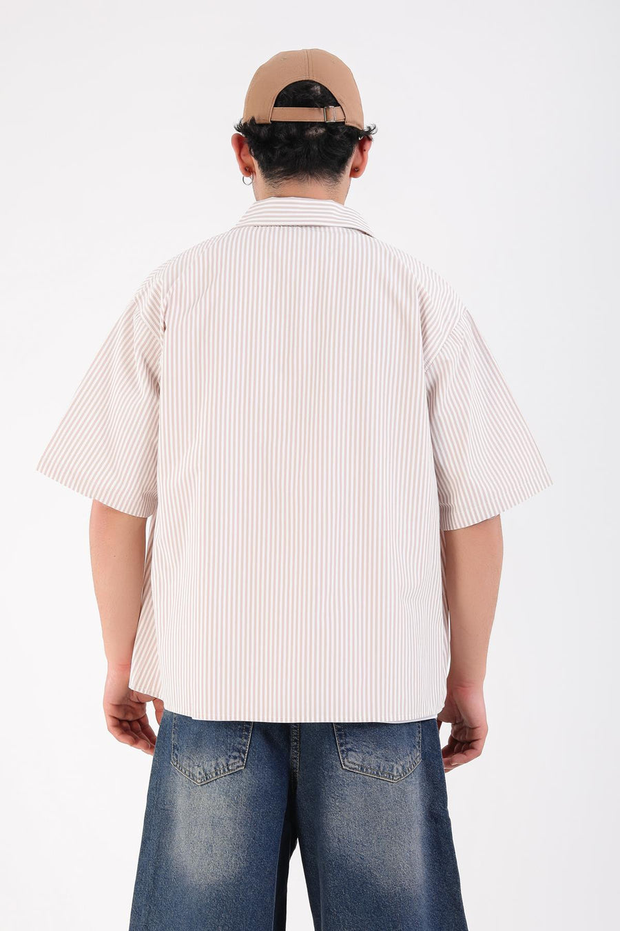 Çizgili Bej Oversize Kısa Kol Old Culture Gömlek