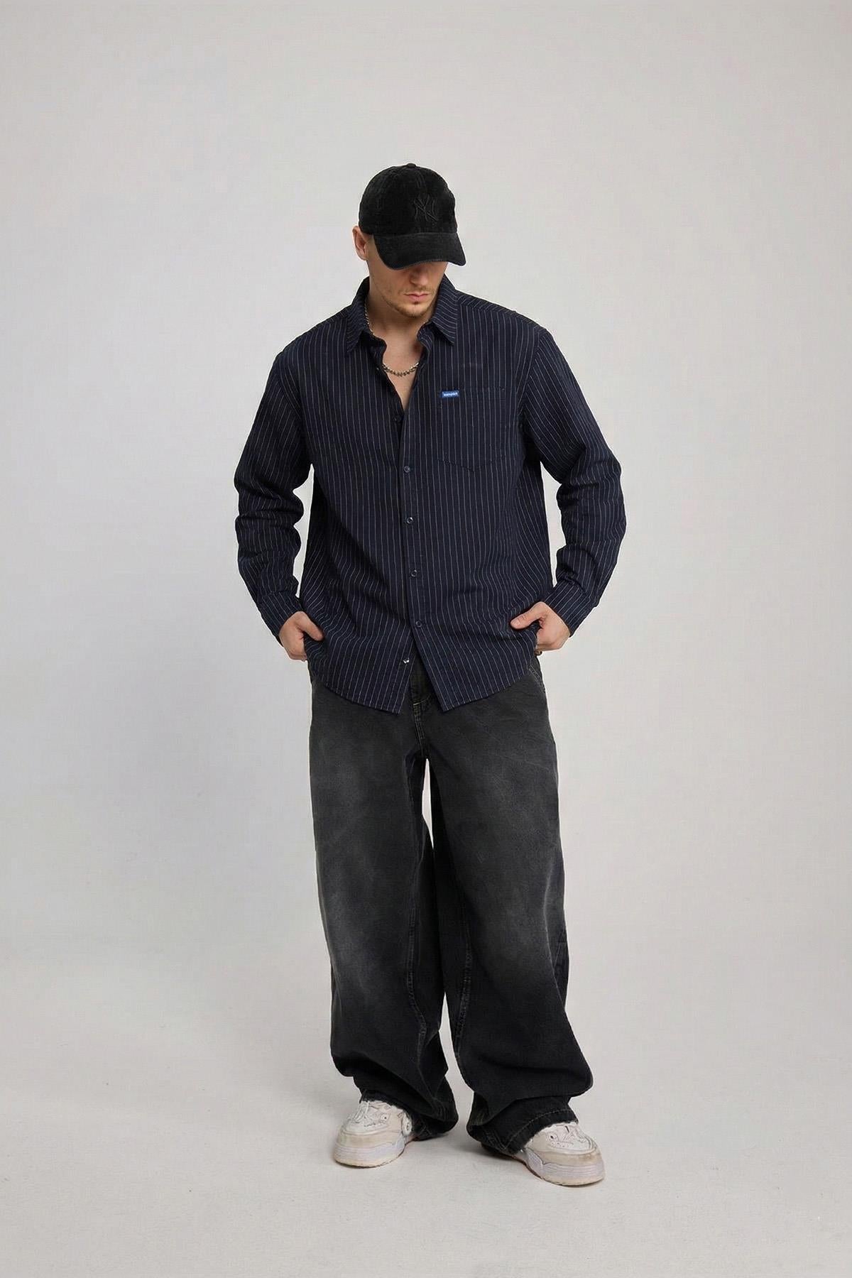 Çizgili Oversize Jean Gömlek