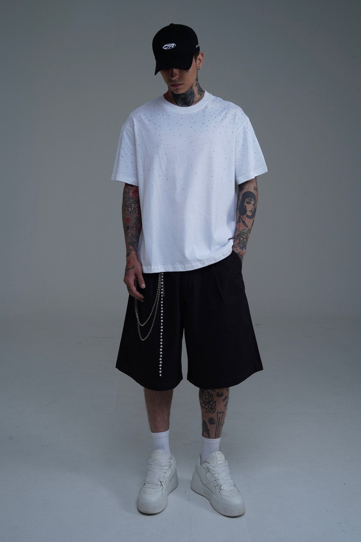 Taş Baskılı Beyaz Oversize Tshirt CT01 25CY087