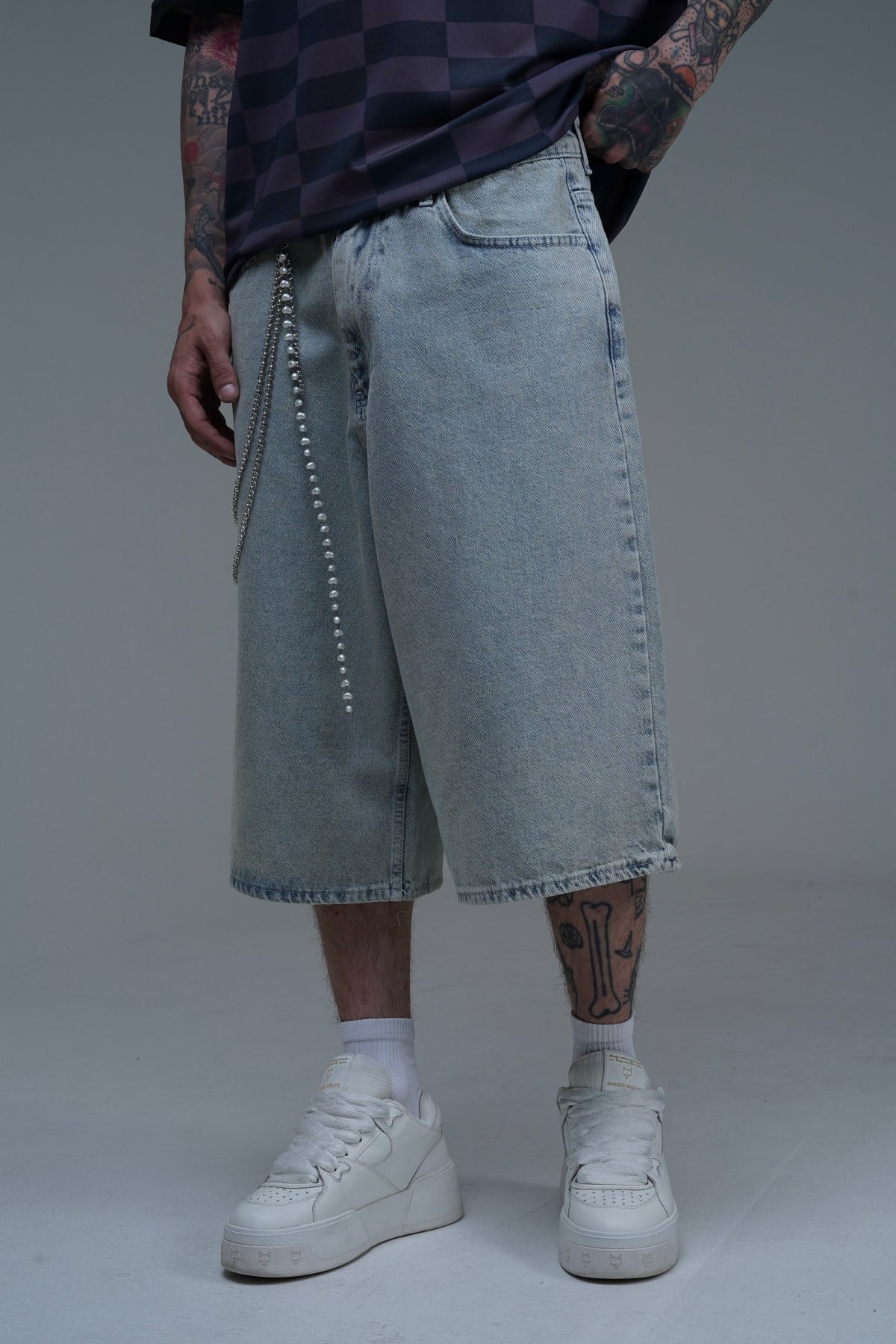Yıkama Efektli Açık Mavi Baggy Jean Şort