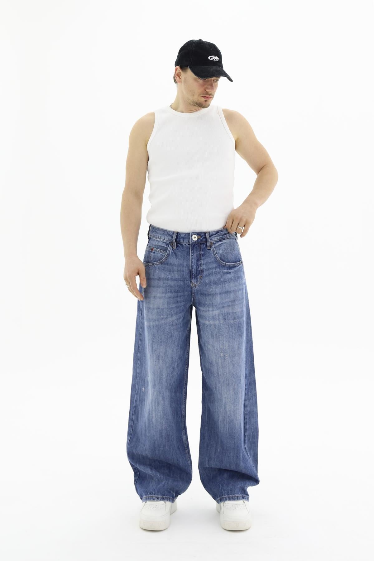 Yıkama Efektli Yırtık Detay Baggy Jean Pantolon