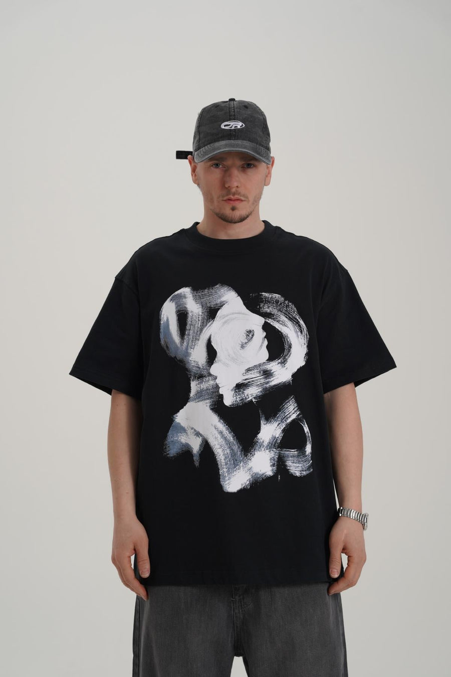 Face Baskılı Siyah Oversize Tshirt CT01 MRT26010/1