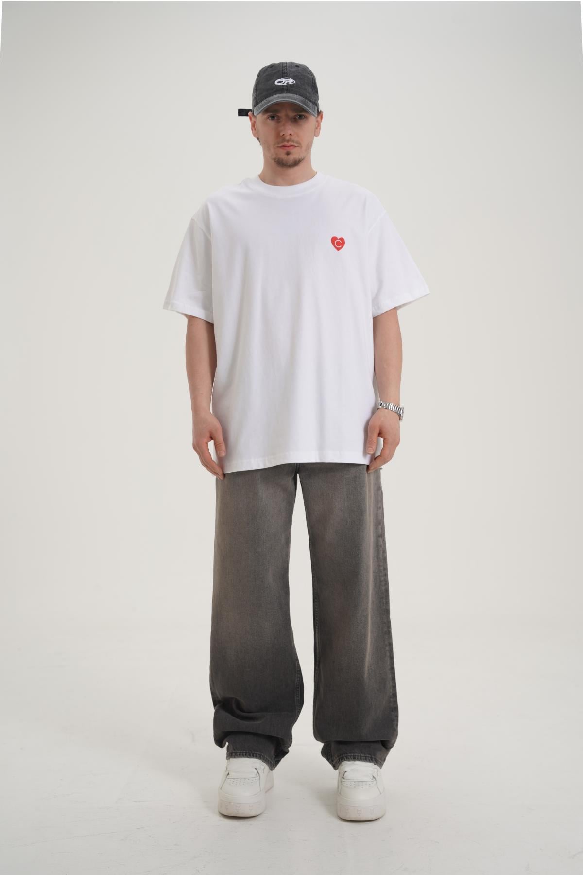 Heart Baskılı Beyaz Oversize Tshirt CT01 MRT26006/1