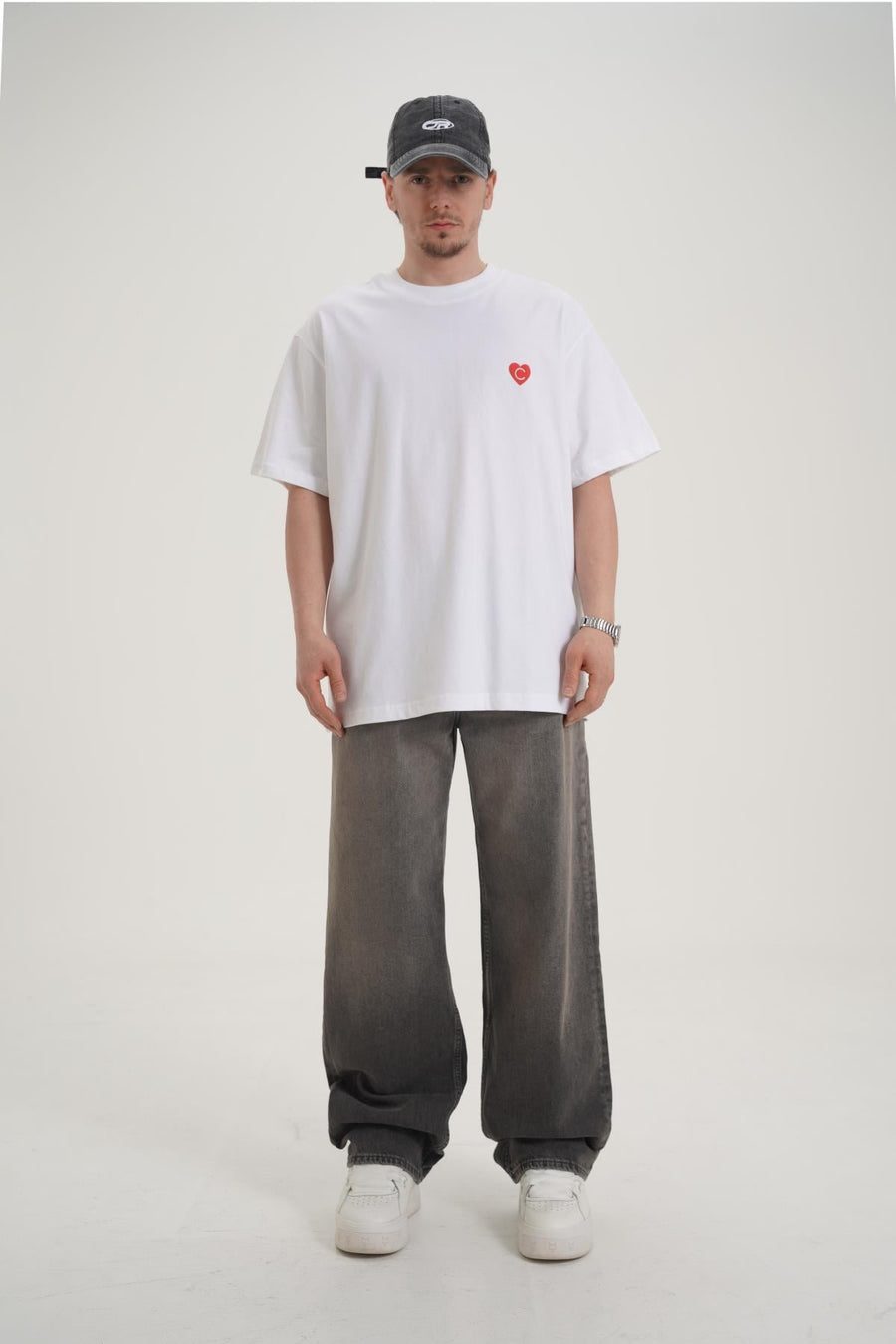 Heart Baskılı Beyaz Oversize Tshirt CT01 MRT26006/1