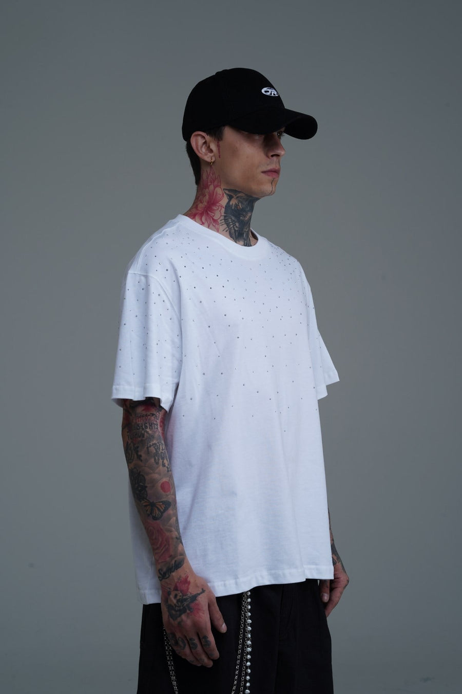 Taş Baskılı Beyaz Oversize Tshirt CT01 25CY087