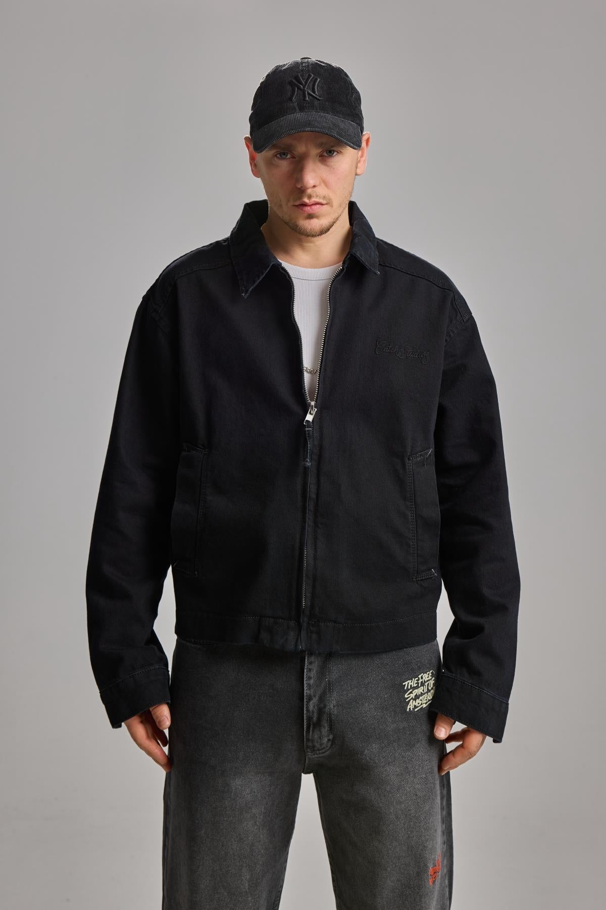 Siyah Nakışlı Oversize Jean Ceket 4615