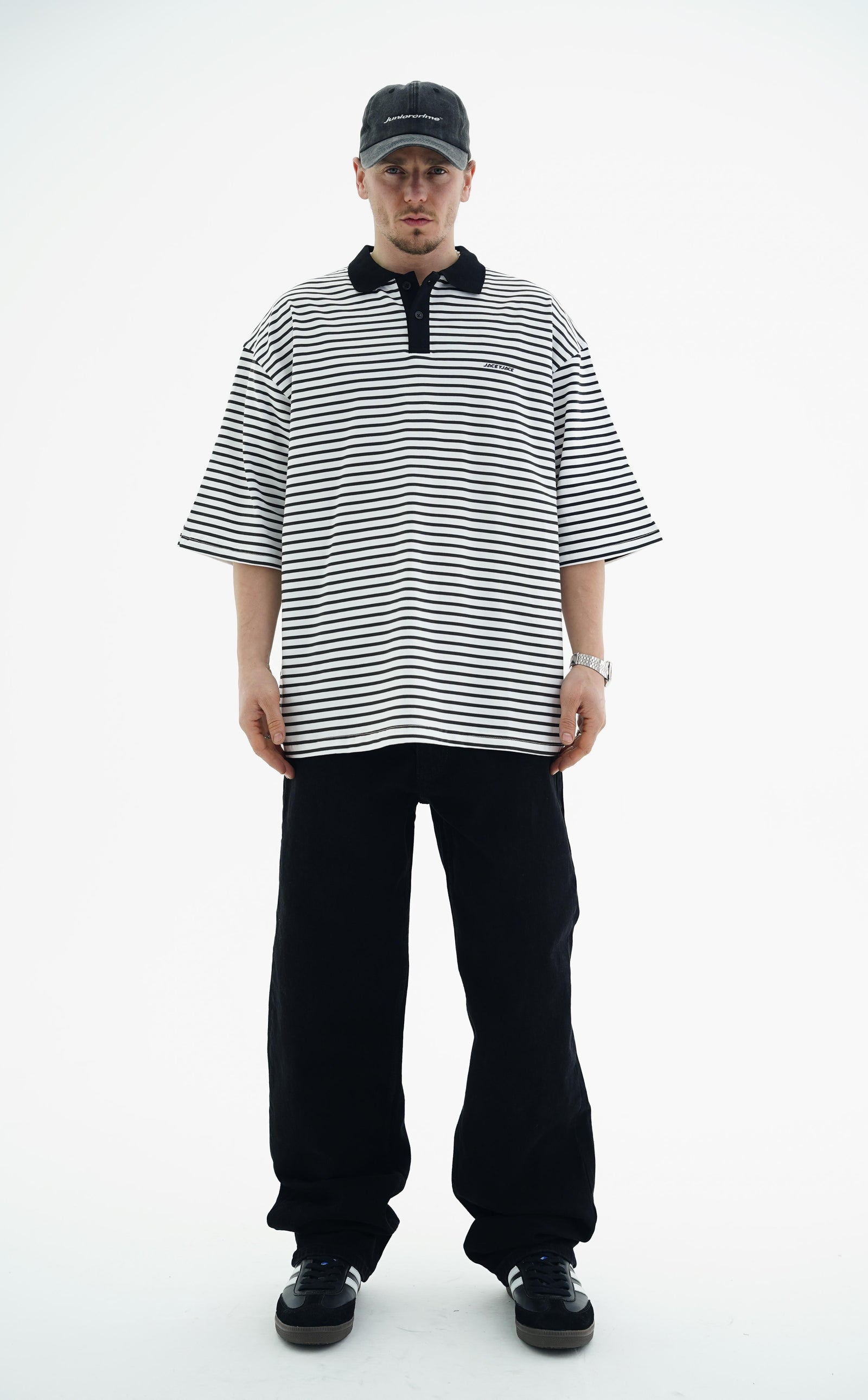 Polo Yaka Çizgili Beyaz Oversize Tshirt JC01 25Y108