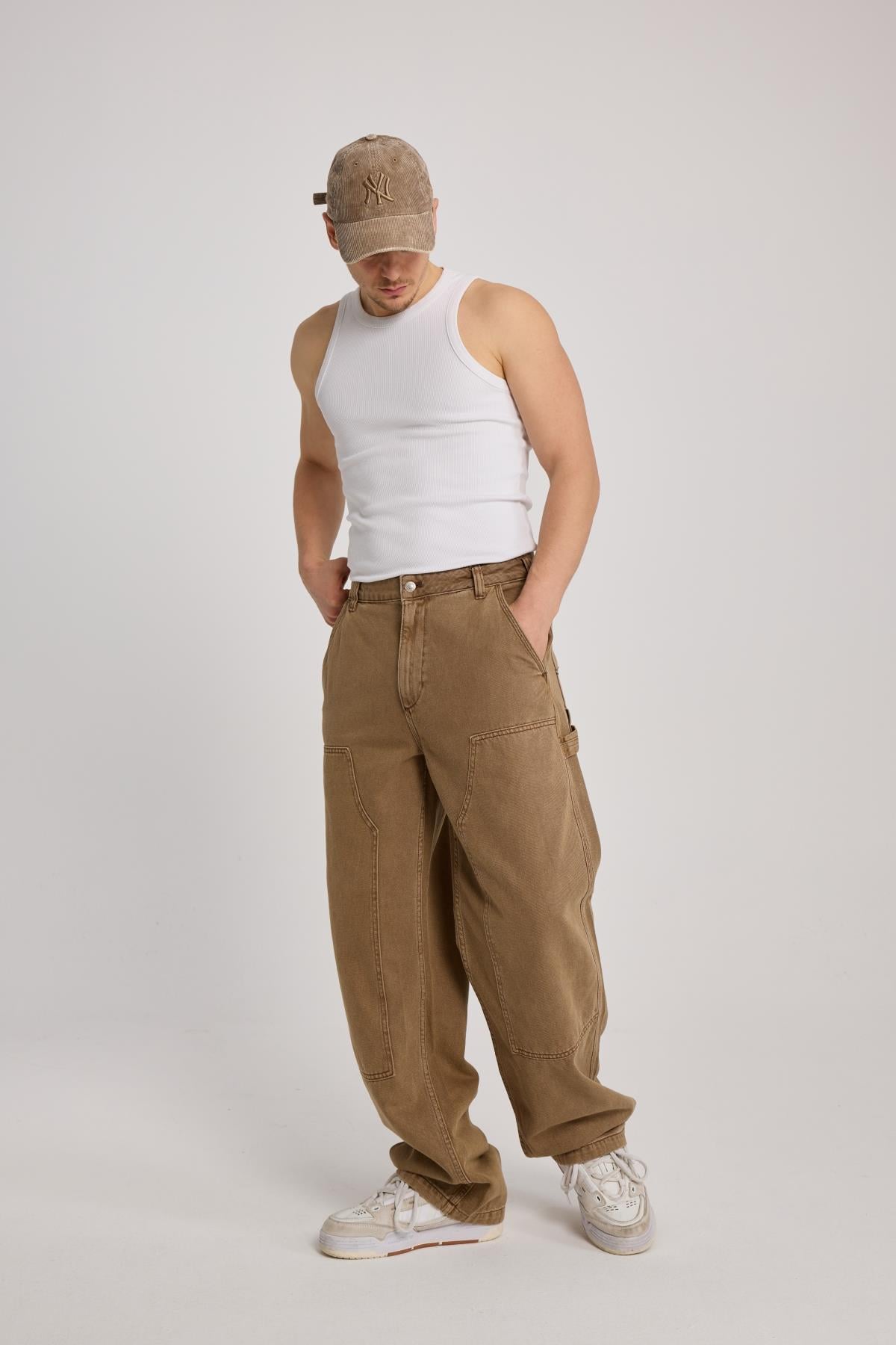 Blok Detay Kahverengi Carpenter Baggy Pantolon