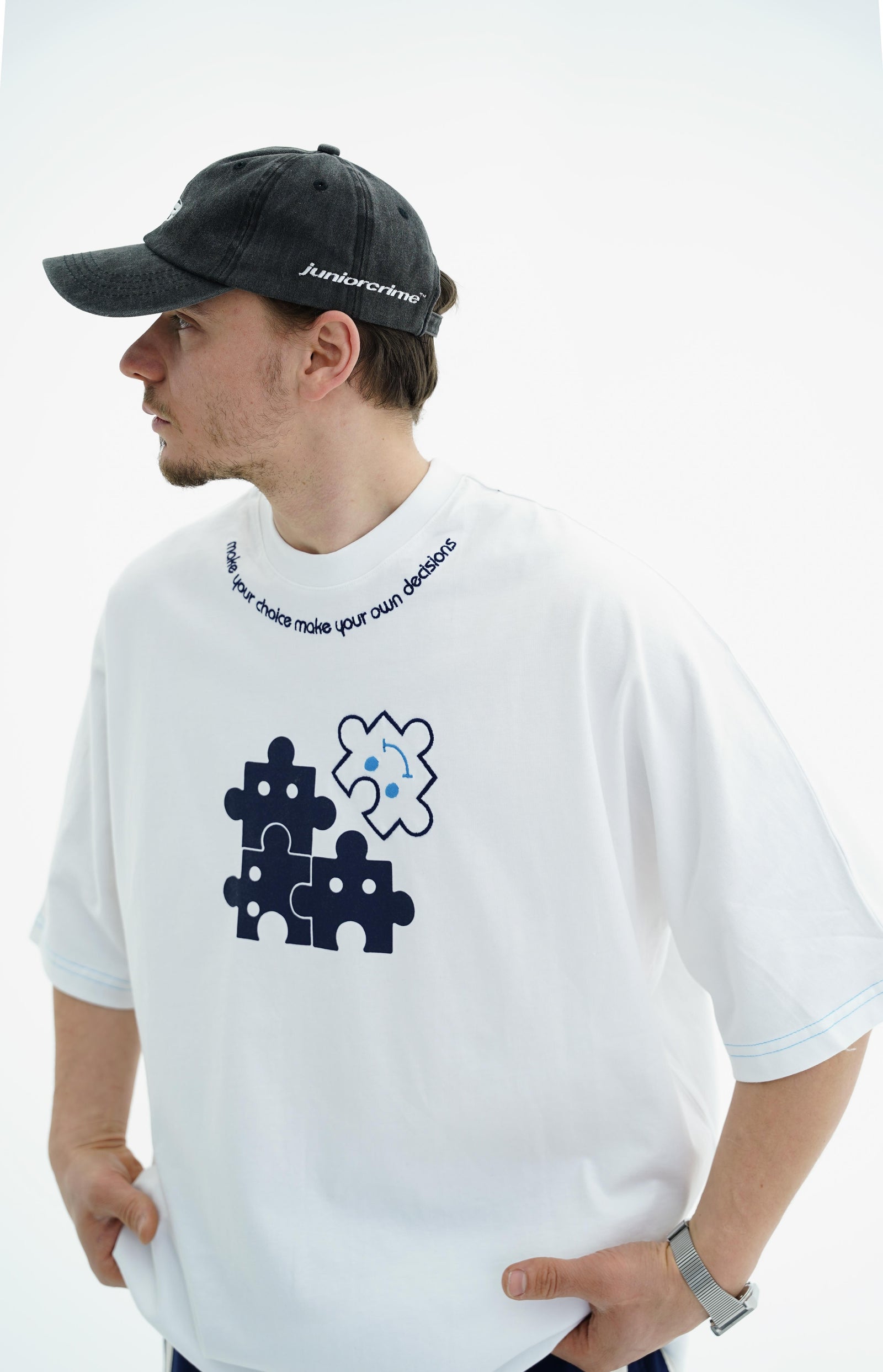 Puzzle Baskılı Beyaz Oversize Tshirt JC01 24Y262