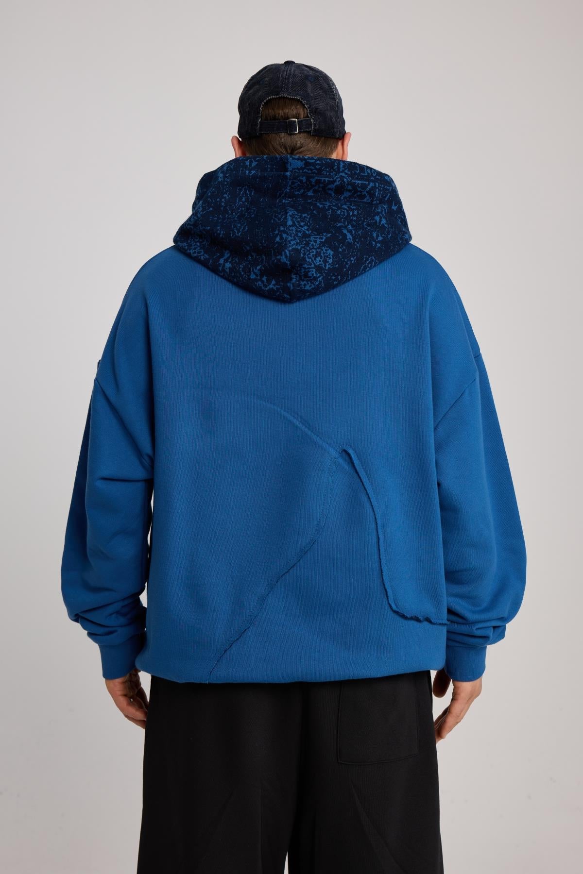 Etnik Desen Detaylı Oversize Mavi Hoodie SR01