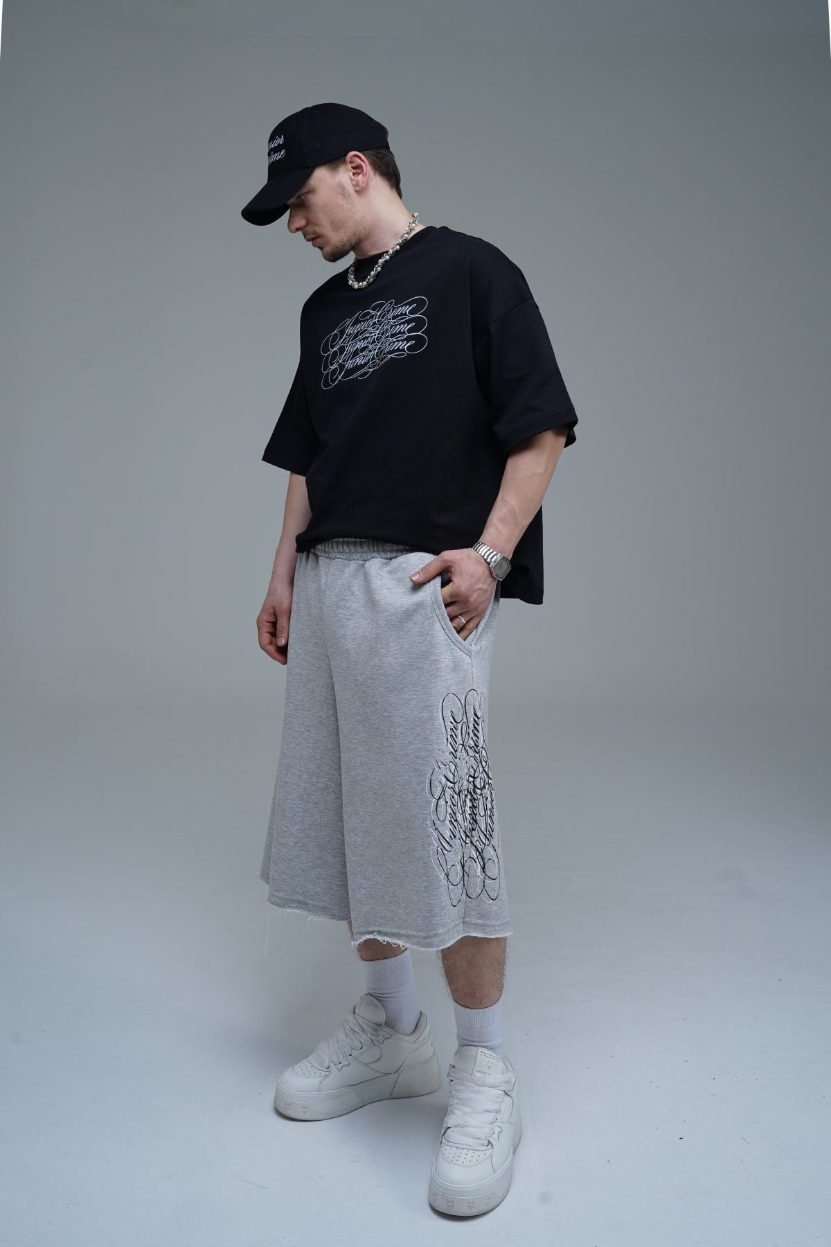 JR Signature Baskılı Jogger Baggy Gri Şort