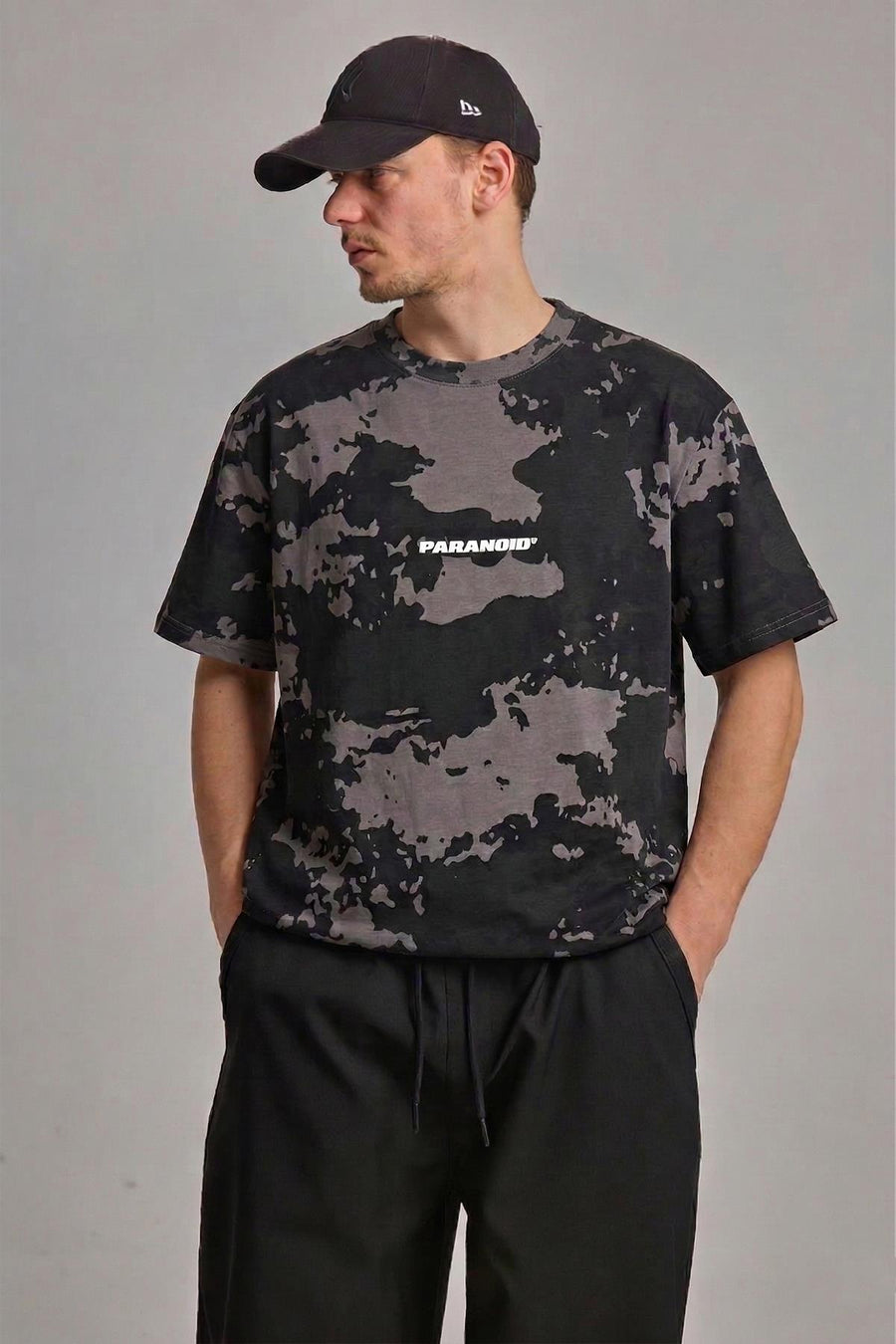 Paranoid Baskılı Batik Desenli Siyah Oversize Tshirt