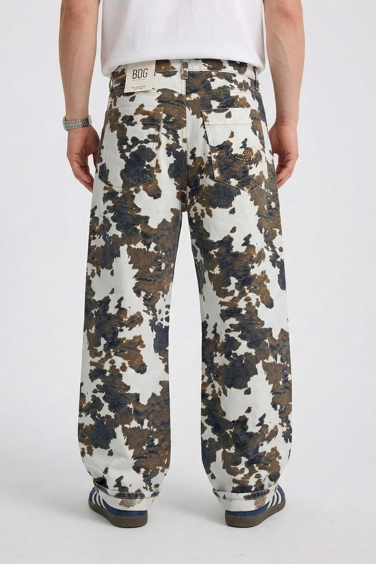 Desenli Krem Baggy Jean Pantolon
