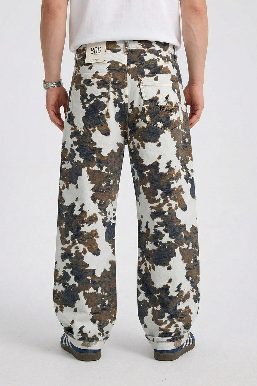 Desenli Krem Baggy Jean Pantolon