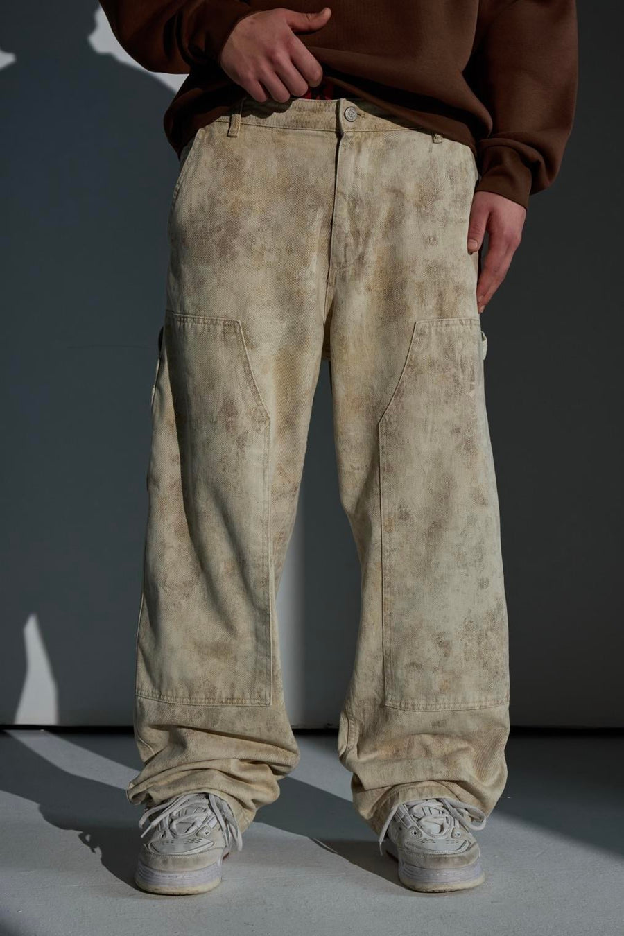 Blok Detay Desenli Krem Baggy Jean Pantolon