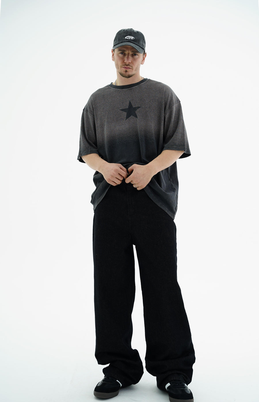 Star Baskılı Yıkama Efektli Siyah Oversize Tshirt CT01 25CY082