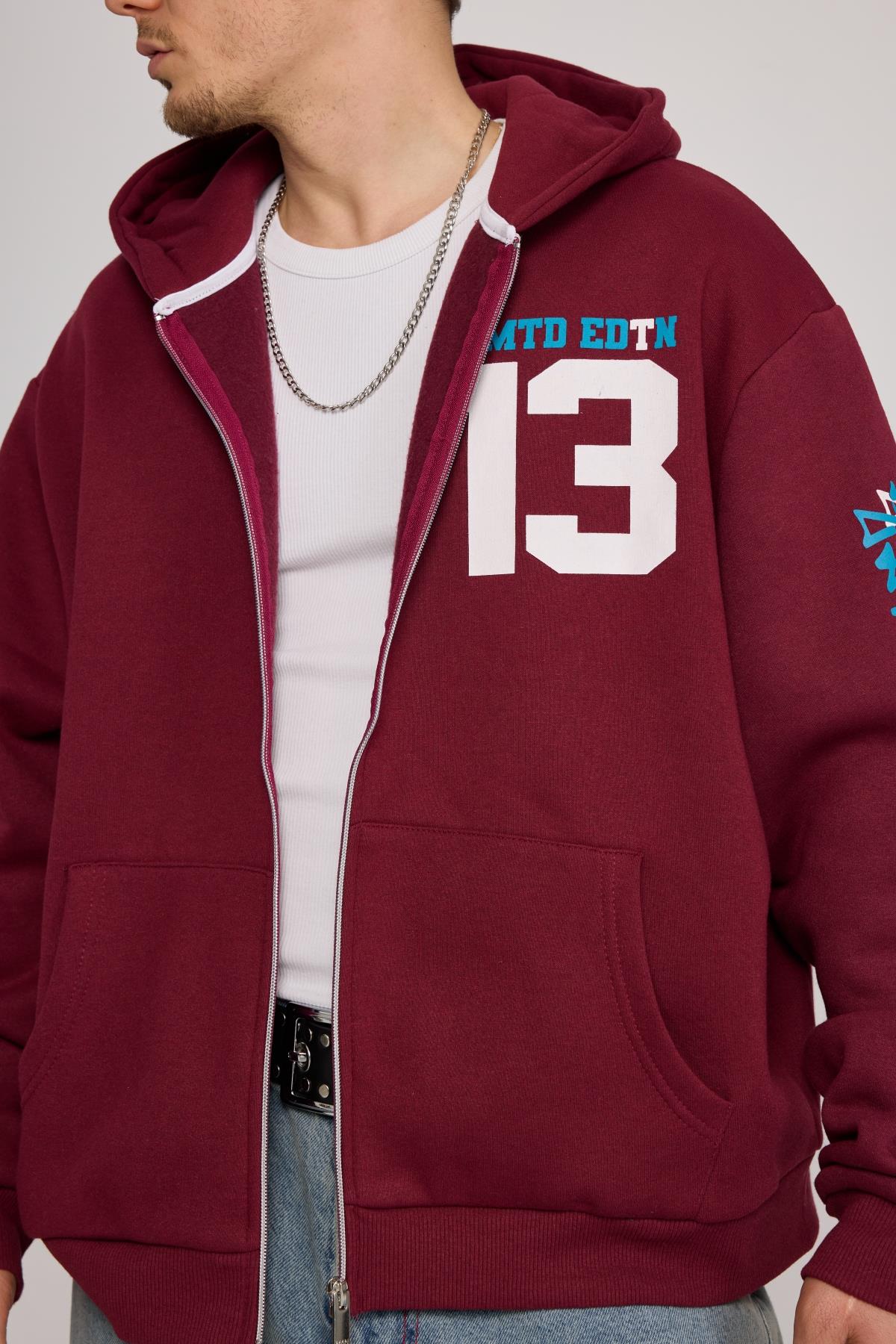 Baskılı Bordo Oversize Limited Zipper Hoodie