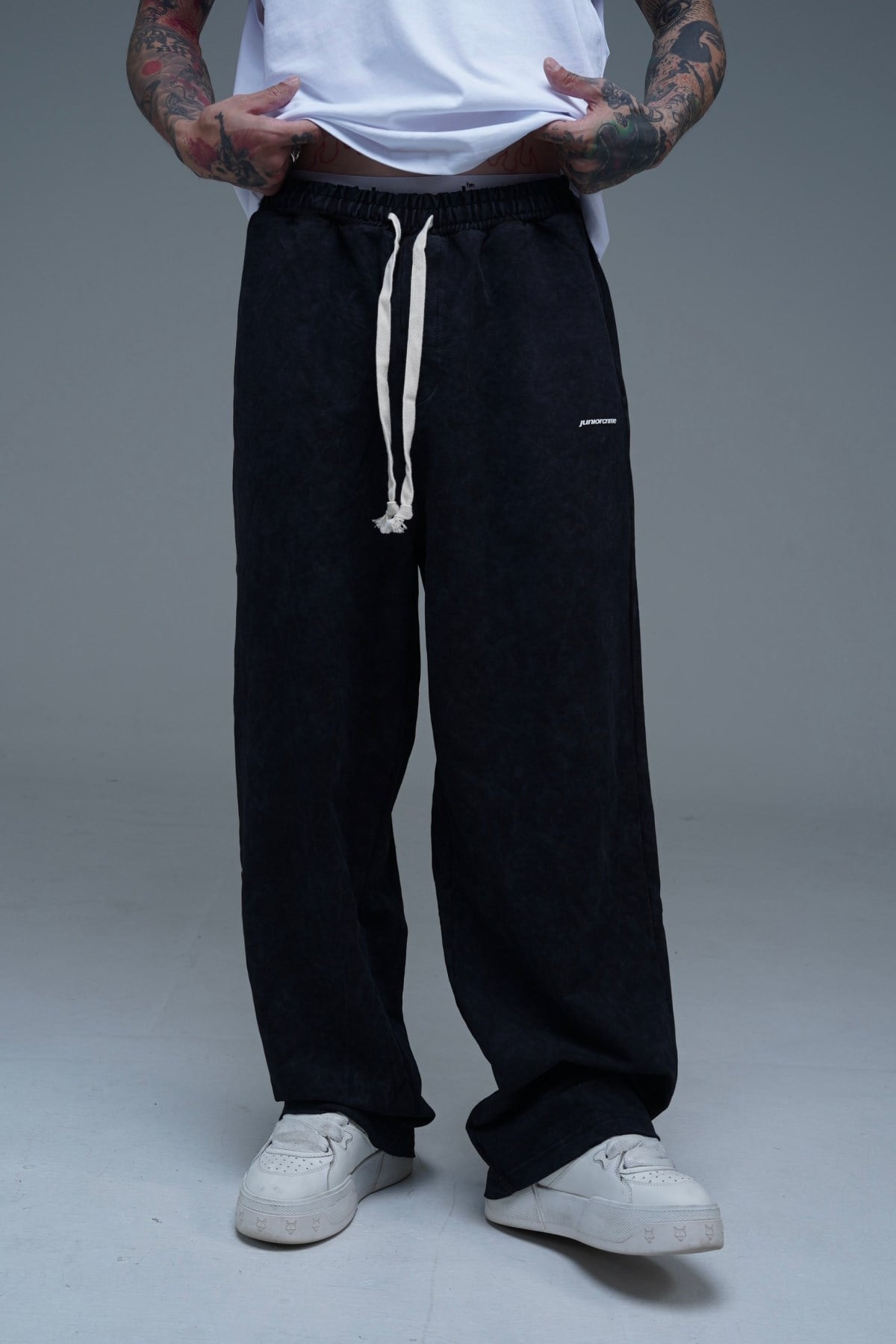 Juniorcrime Baskılı Siyah Acid Wash Baggy Eşofman