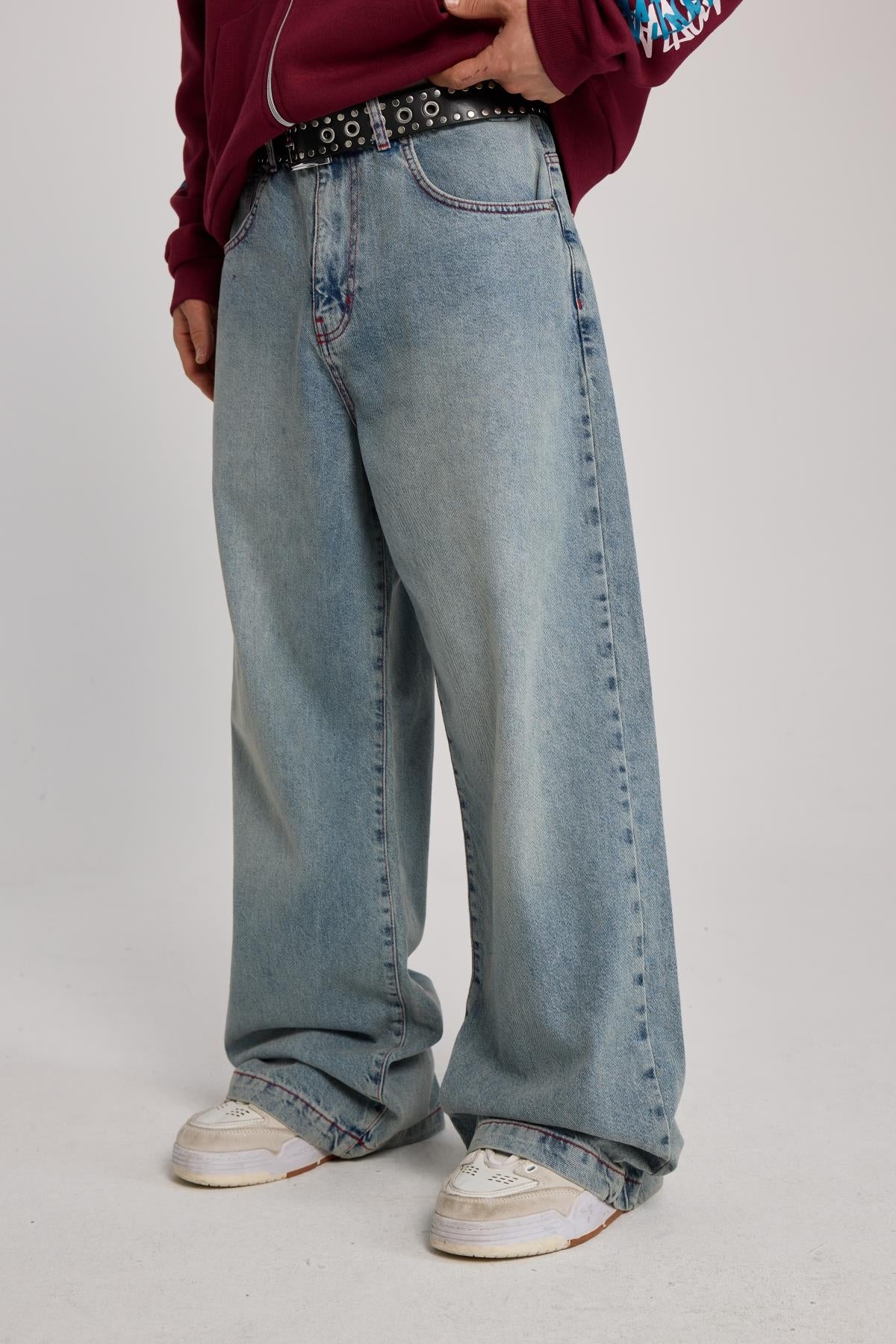 Kontrast Dikiş Mavi Baggy Jean Pantolon
