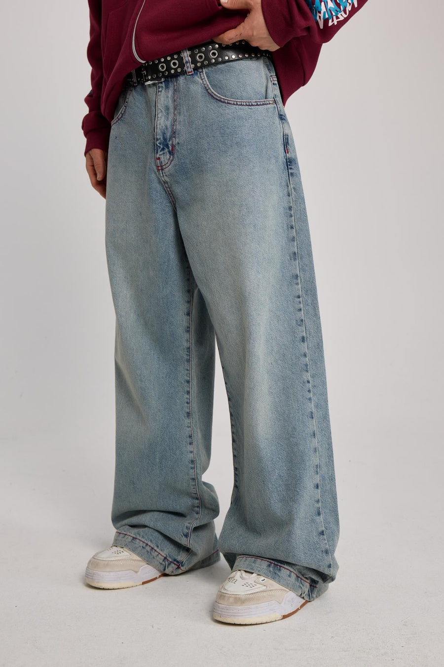 Kontrast Dikiş Mavi Baggy Jean Pantolon