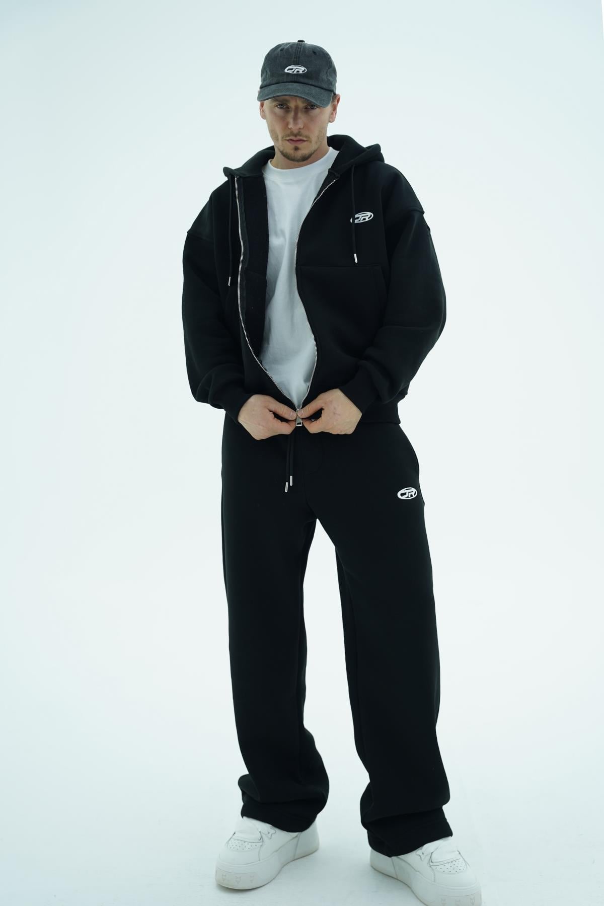 Jr Logo Boxy Kalıp Siyah Oversize Zipper Sweatshirt