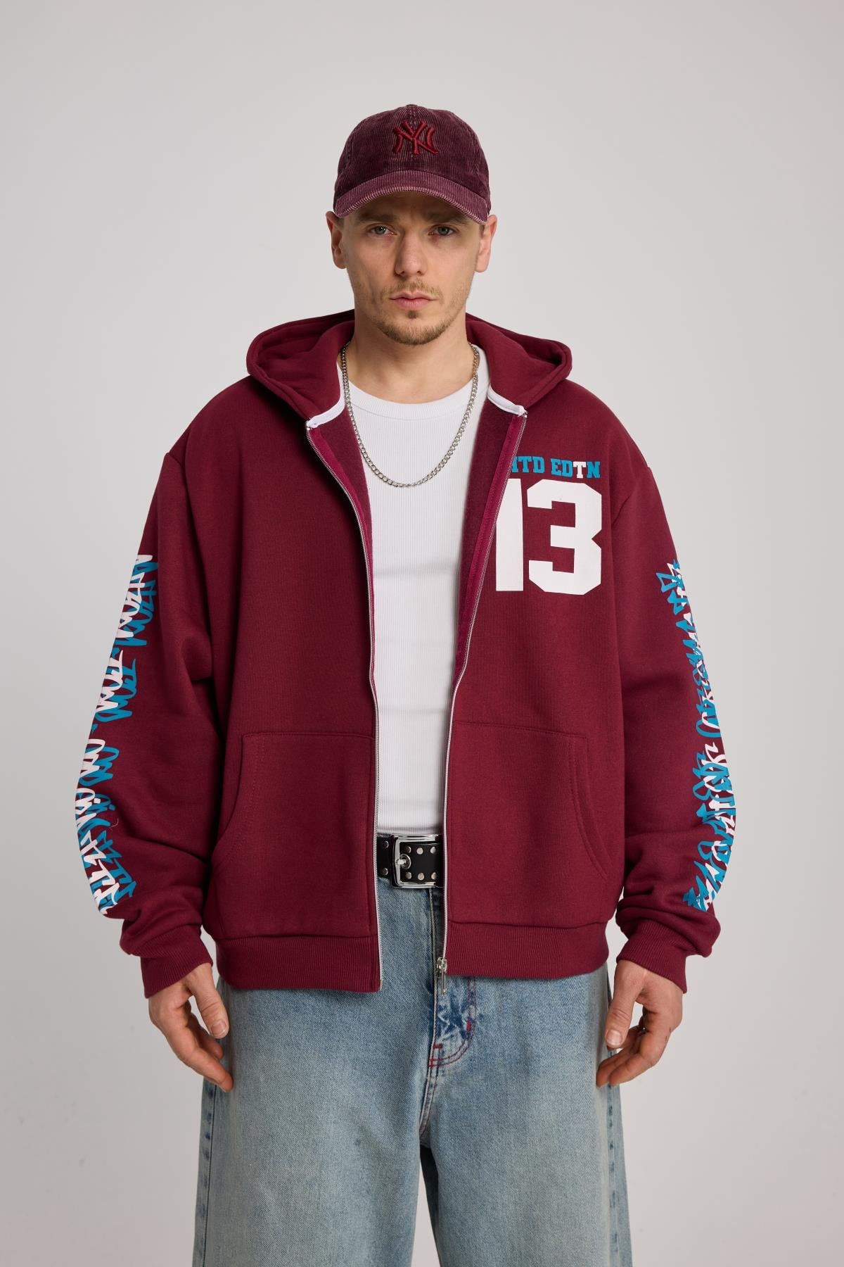 Baskılı Bordo Oversize Limited Zipper Hoodie