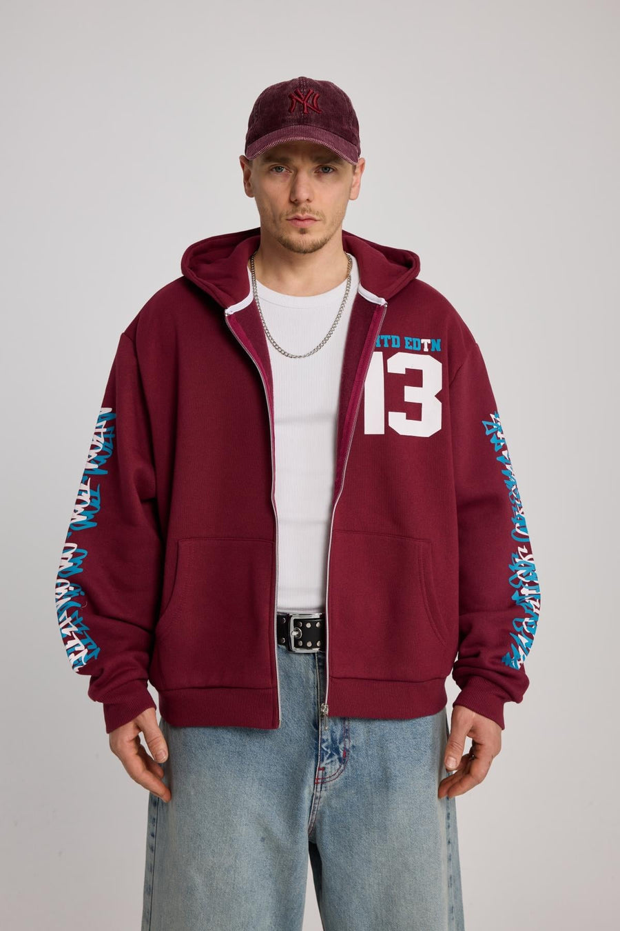Baskılı Bordo Oversize Limited Zipper Hoodie