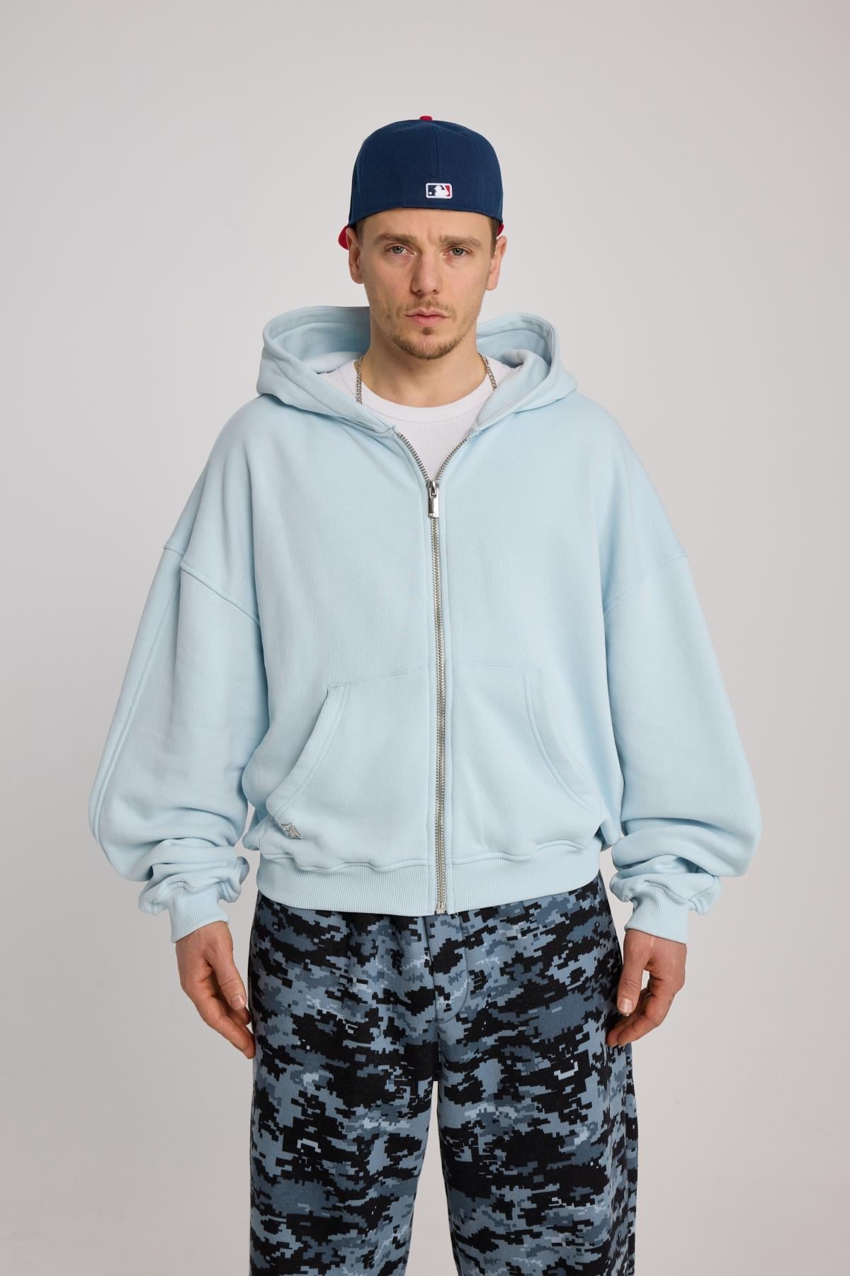 Açık Mavi Oversize Basic Zipper Hoodie