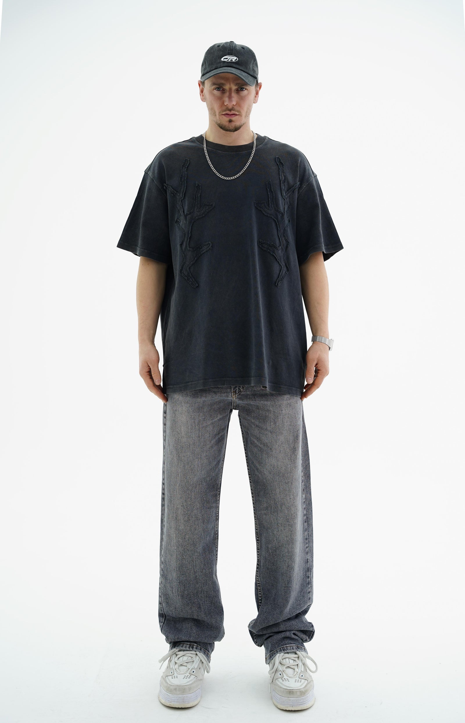 Yıkama Efektli Şerit Detay Siyah Oversize Tshirt CT01 25CY031
