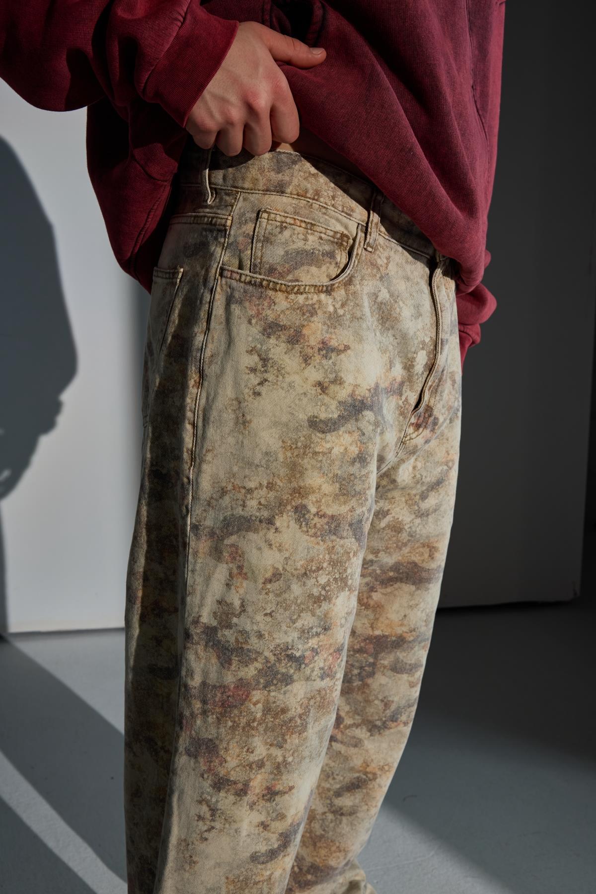 Camo Desenli Krem Baggy Jean Pantolon